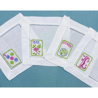 (A) Custom Hand Embroidered Mah Jongg Cocktail Napkins - Set of 4